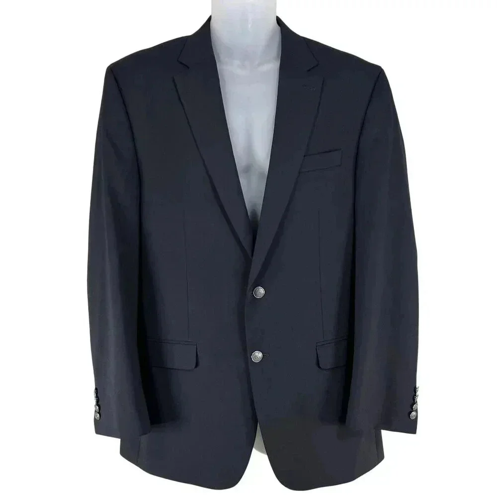 Michael Kors Mens 42L Navy Modern Blazer Button Crest Wool Blend Quiet Luxury